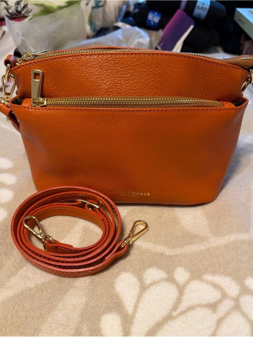 Orange Leather Crossbody with Gold Hardware by Firenze